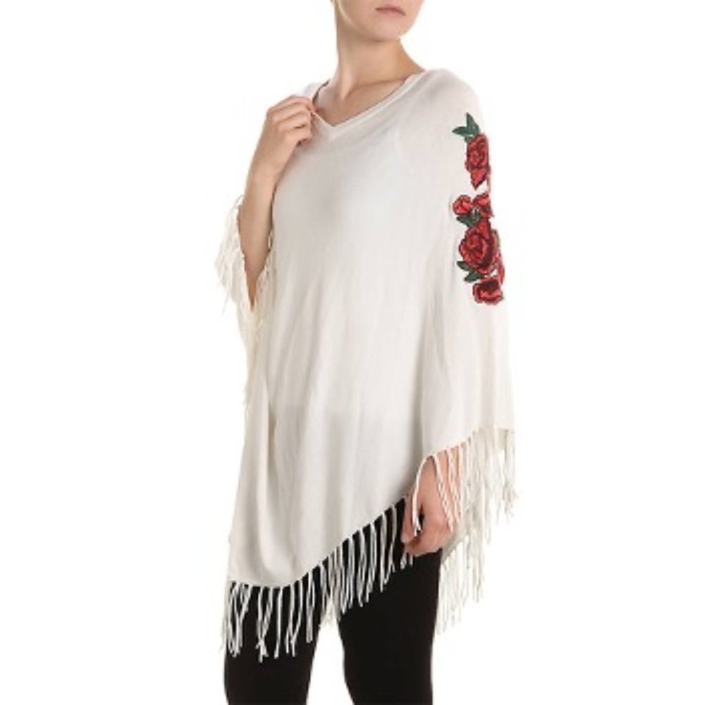 White Fringe Poncho with Floral Embroidery OSFM